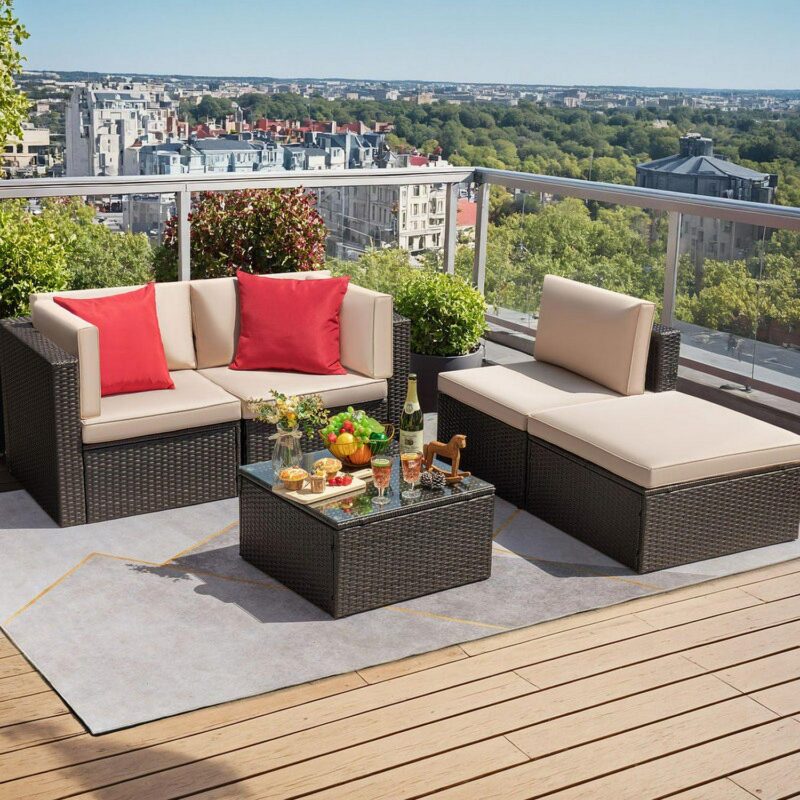 Homall 5 Pieces Outdoor Sectional Sofa with Tea Table and Ottoman, PE Rattan Patio Furniture Sets, Beige Cushion (Ships in 2 packages) - Image 2