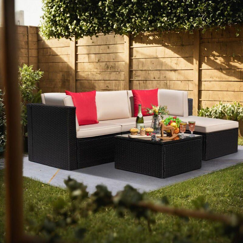 Homall 5 Pieces Outdoor Sectional Sofa with Tea Table and Ottoman, PE Rattan Patio Furniture Sets, Beige Cushion (Ships in 2 packages) - Image 3