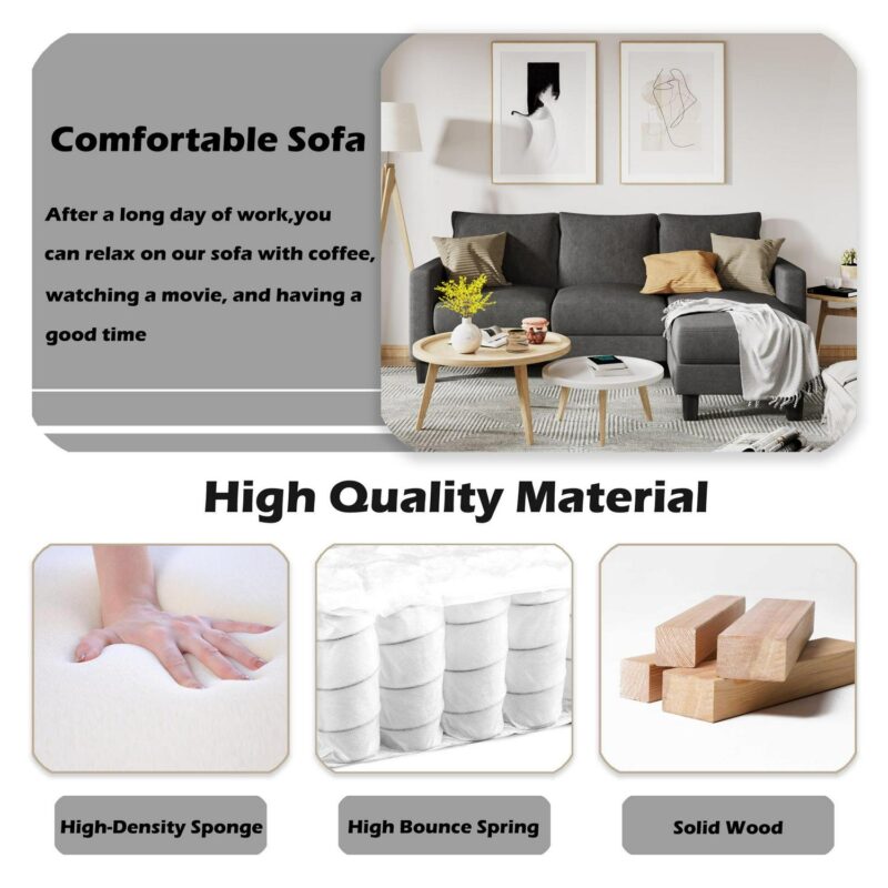 Homall Convertible Sectional Sofa Couch, Modern Linen Fabric L-Shaped Couch 3-Seat Sofa Sectional with Reversible Chaise for Small Living Room, Apartment and Small Space, Dark Gray - Image 7