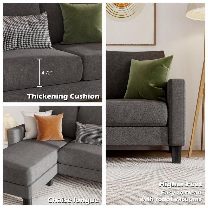 Homall Convertible Sectional Sofa Couch, Modern Linen Fabric L-Shaped Couch 3-Seat Sofa Sectional with Reversible Chaise for Small Living Room, Apartment and Small Space, Dark Gray - Image 5