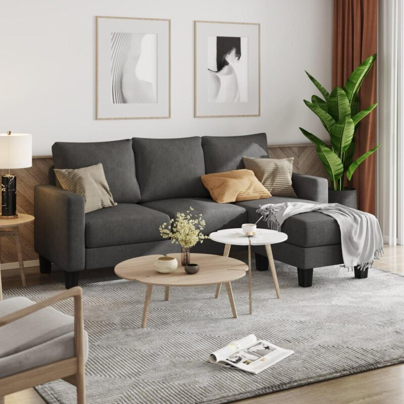 Homall Convertible Sectional Sofa Couch, Modern Linen Fabric L-Shaped Couch 3-Seat Sofa Sectional with Reversible Chaise for Small Living Room, Apartment and Small Space, Dark Gray - Image 2