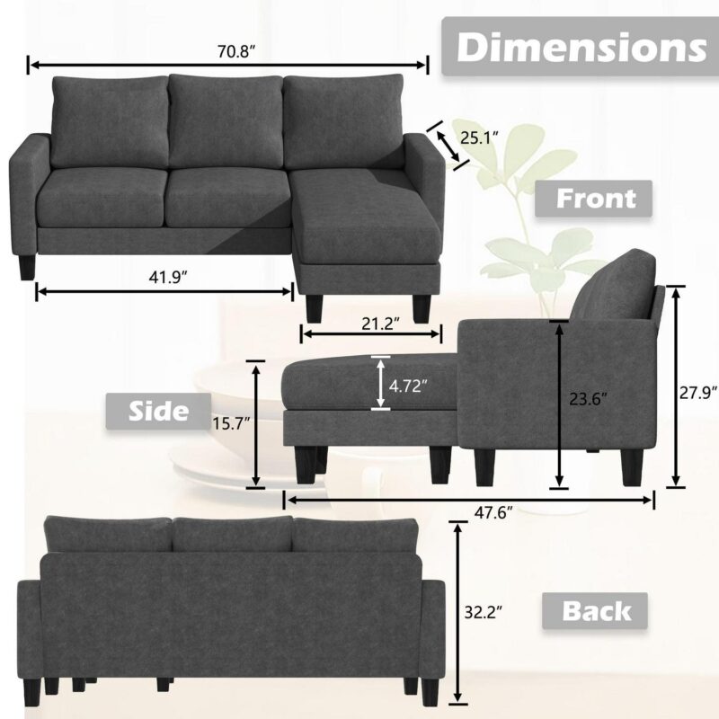 Homall Convertible Sectional Sofa Couch, Modern Linen Fabric L-Shaped Couch 3-Seat Sofa Sectional with Reversible Chaise for Small Living Room, Apartment and Small Space, Dark Gray - Image 6