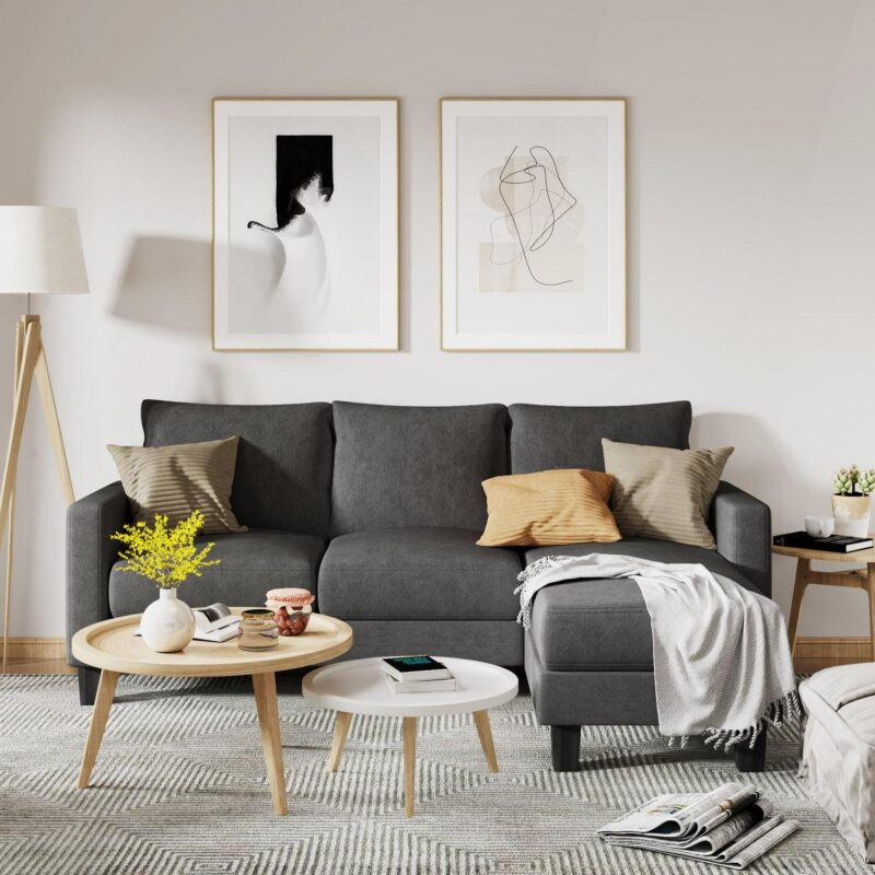 Homall Convertible Sectional Sofa Couch, Modern Linen Fabric L-Shaped Couch 3-Seat Sofa Sectional with Reversible Chaise for Small Living Room, Apartment and Small Space, Dark Gray - Image 3