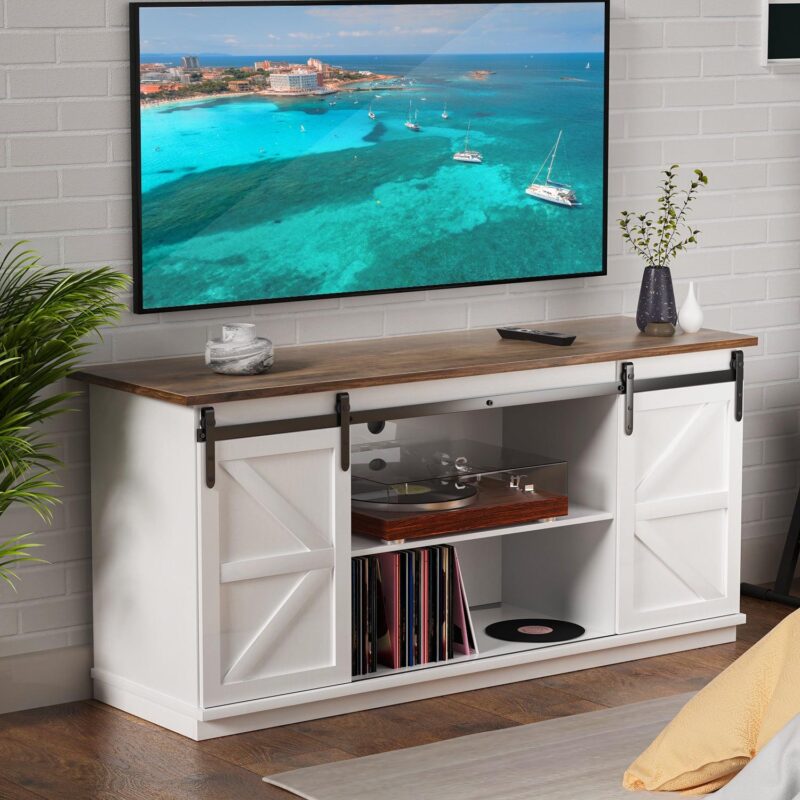 Homall Farmhouse Sliding Barn Door TV Stand for TVs up to 65 , White
