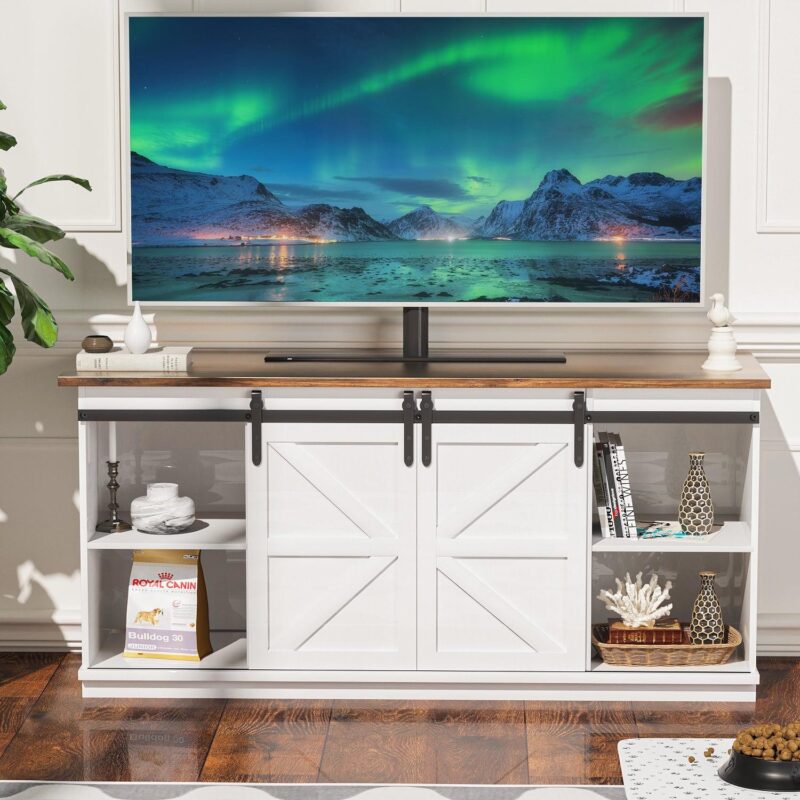Homall Farmhouse Sliding Barn Door TV Stand for TVs up to 65 , White - Image 2