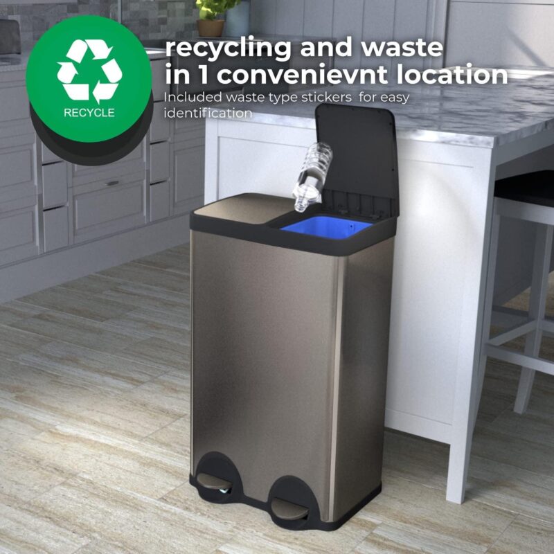 Home Zone Living 15.8 gal Dual Kitchen Garbage Can, Stainless Steel, Black - Image 5