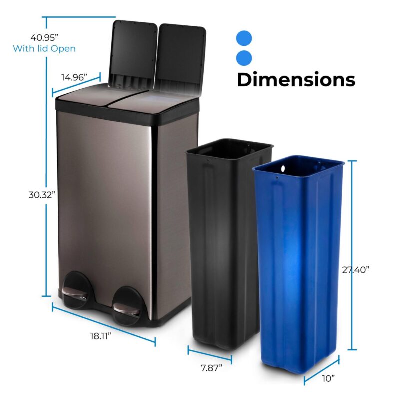 Home Zone Living 15.8 gal Dual Kitchen Garbage Can, Stainless Steel, Black - Image 8