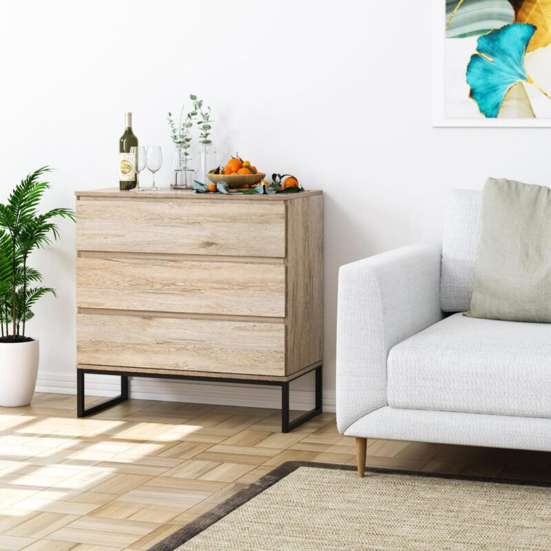 Homfa 3 Drawer Dresser for Bedroom, Wood Nightstand Storage Chest with Metal Base for Living Room, Oak Finish - Image 5