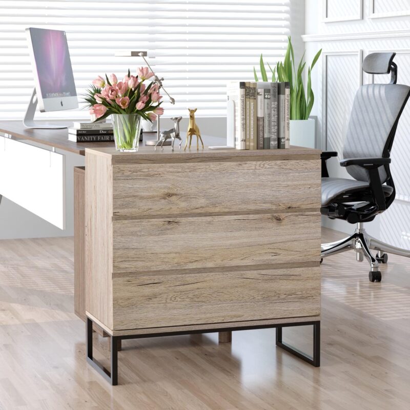 Homfa 3 Drawer Dresser for Bedroom, Wood Nightstand Storage Chest with Metal Base for Living Room, Oak Finish - Image 2