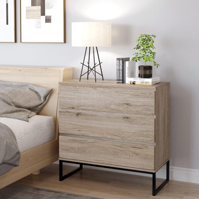 Homfa 3 Drawer Dresser for Bedroom, Wood Nightstand Storage Chest with Metal Base for Living Room, Oak Finish