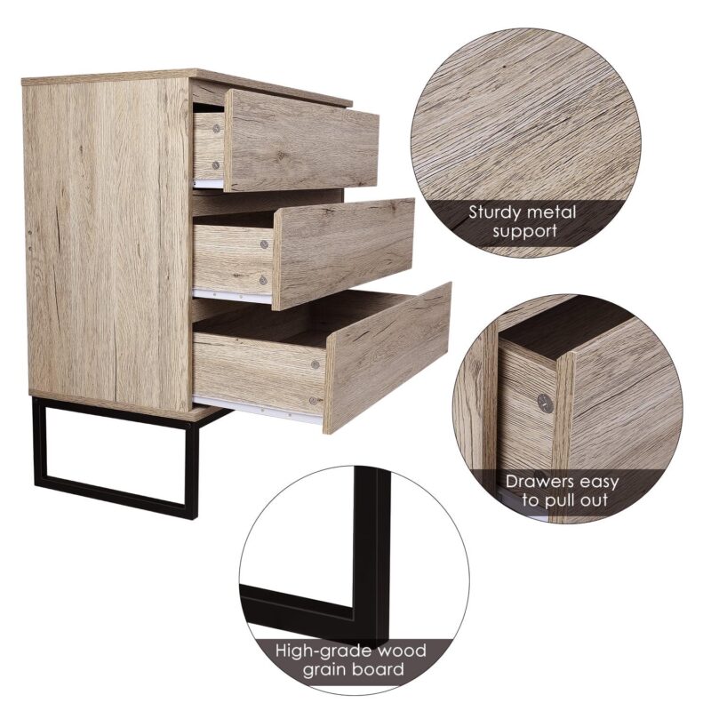 Homfa 3 Drawer Dresser for Bedroom, Wood Nightstand Storage Chest with Metal Base for Living Room, Oak Finish - Image 3
