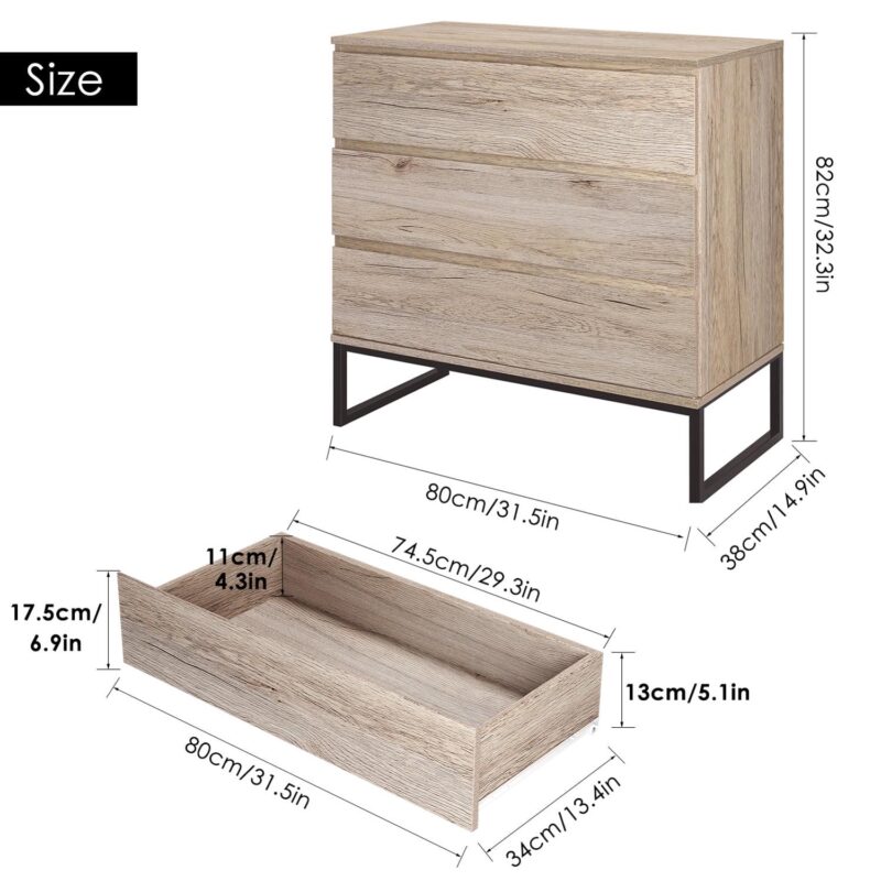 Homfa 3 Drawer Dresser for Bedroom, Wood Nightstand Storage Chest with Metal Base for Living Room, Oak Finish - Image 9