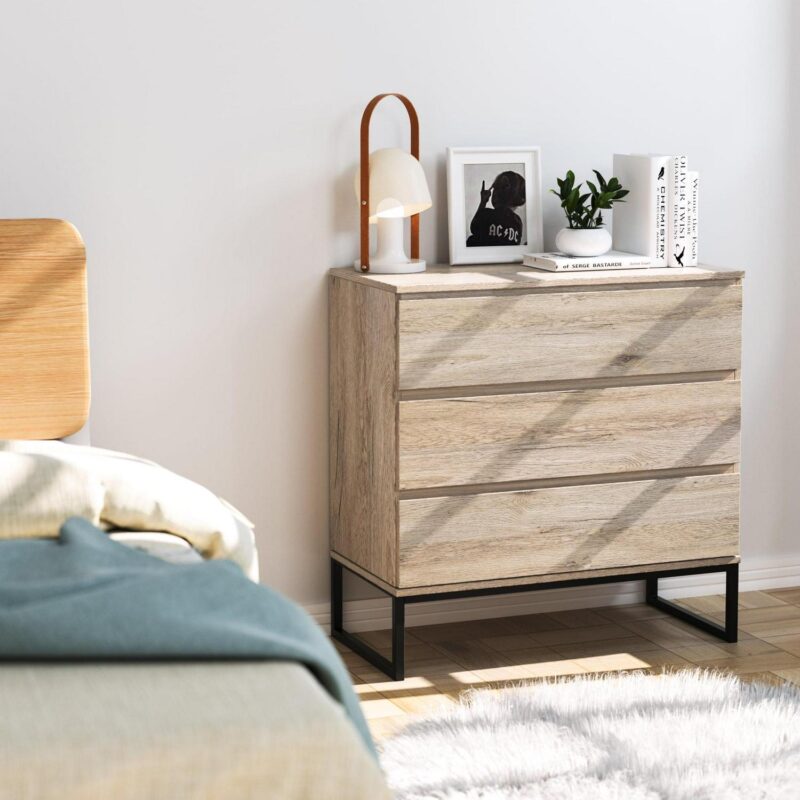 Homfa 3 Drawer Dresser for Bedroom, Wood Nightstand Storage Chest with Metal Base for Living Room, Oak Finish - Image 4
