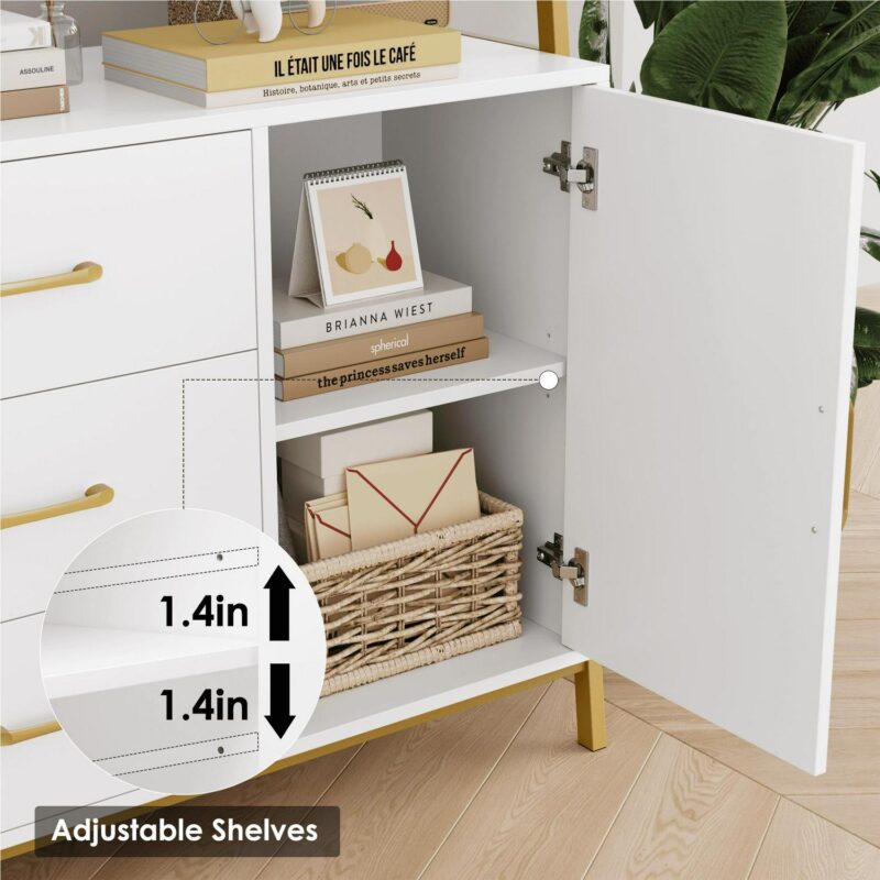 Homfa 3 Tier Display Storage Shelves with 3 Drawers, Gold Metal Frame Bookshelf for Living room, White Finish - Image 7