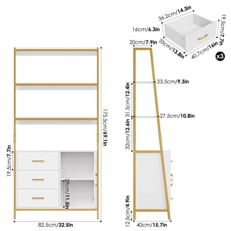 Homfa 3 Tier Display Storage Shelves with 3 Drawers, Gold Metal Frame Bookshelf for Living room, White Finish - Image 5