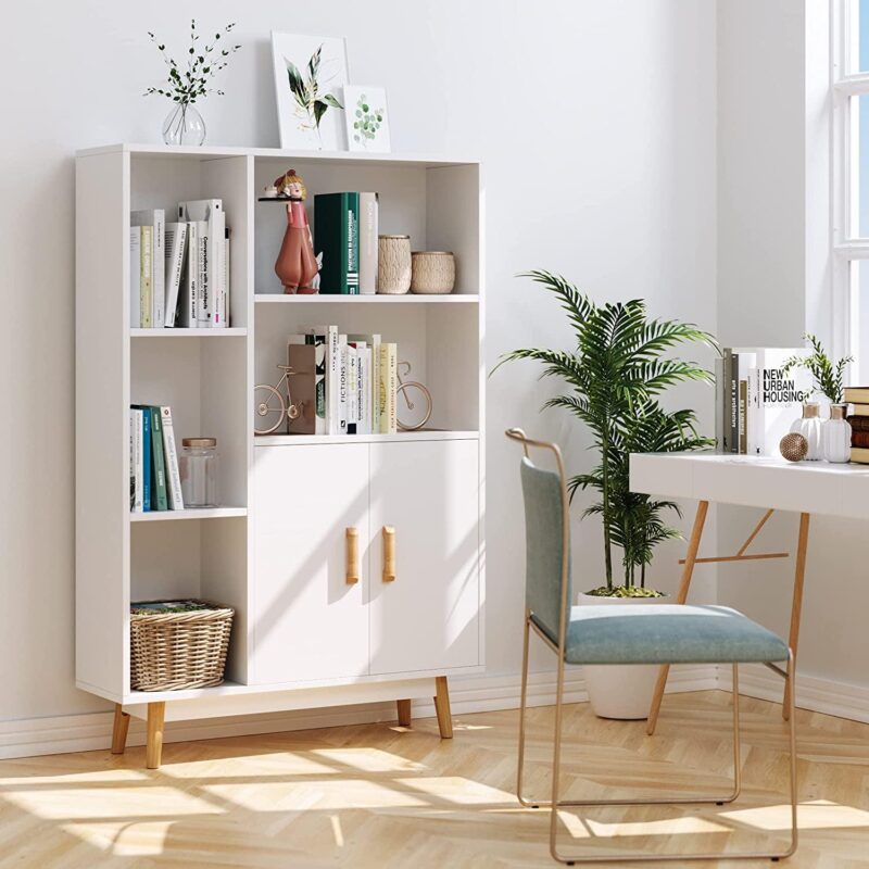 Homfa 5 Cube Bookcase with Door, Open Shelves Free Standing Storage Cabinet with Solid Legs, White Finish - Image 12