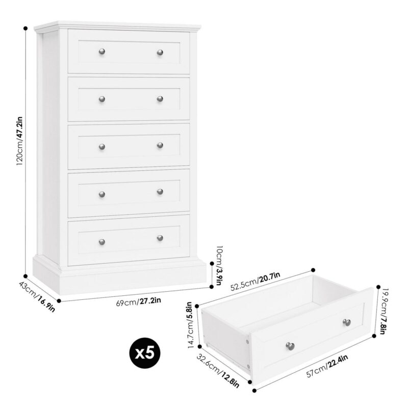 Homfa 5 Drawer Dresser, Vertical Chest of Drawers with Round Metal for Bedroom Living Room, White - Image 6