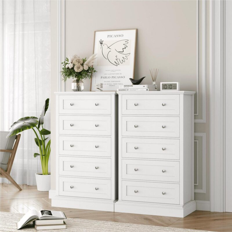 Homfa 5 Drawer Dresser, Vertical Chest of Drawers with Round Metal for Bedroom Living Room, White - Image 7