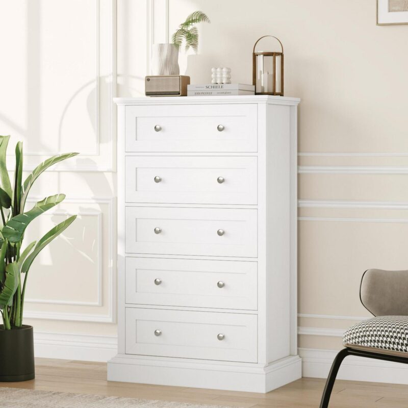Homfa 5 Drawer Dresser, Vertical Chest of Drawers with Round Metal for Bedroom Living Room, White - Image 4