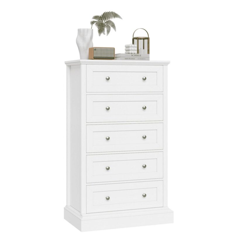 Homfa 5 Drawer Dresser, Vertical Chest of Drawers with Round Metal for Bedroom Living Room, White