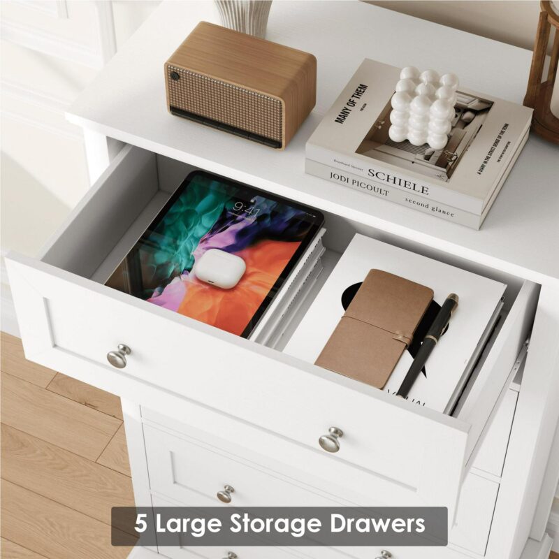 Homfa 5 Drawer Dresser, Vertical Chest of Drawers with Round Metal for Bedroom Living Room, White - Image 3