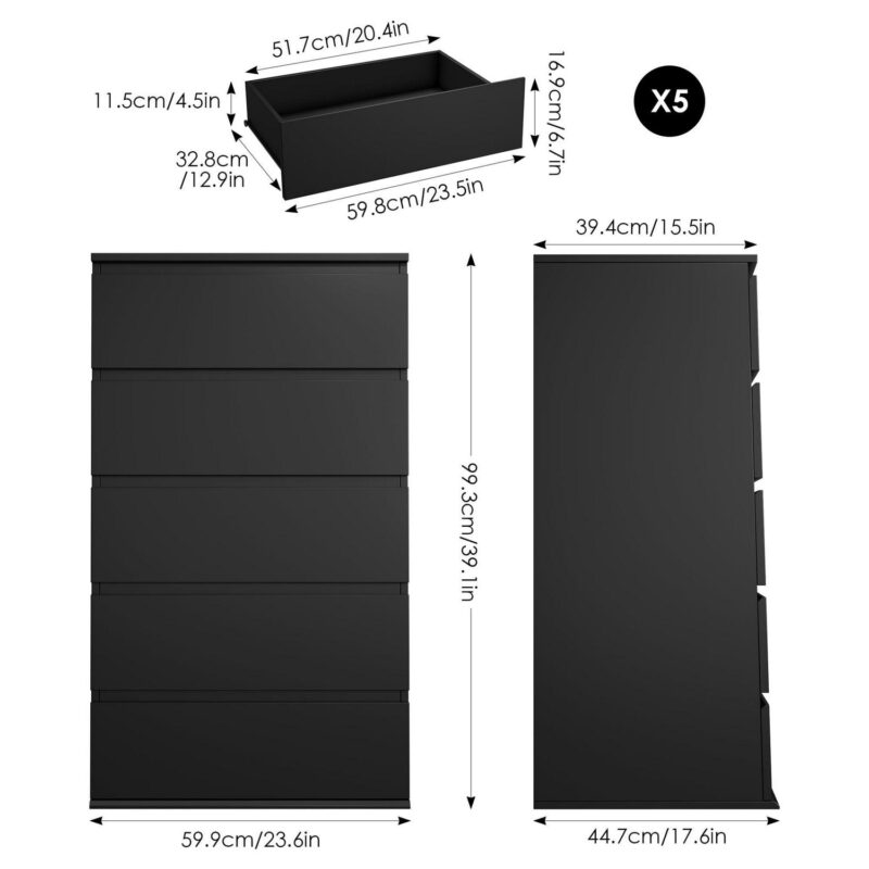 Homfa 5 Drawer Tall Dresser, Modern Storage Cabinet Wood Bedroom Nightstand for Living Room, Black - Image 2