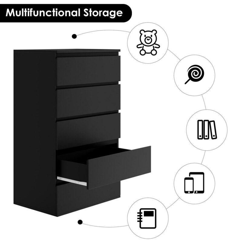 Homfa 5 Drawer Tall Dresser, Modern Storage Cabinet Wood Bedroom Nightstand for Living Room, Black - Image 4
