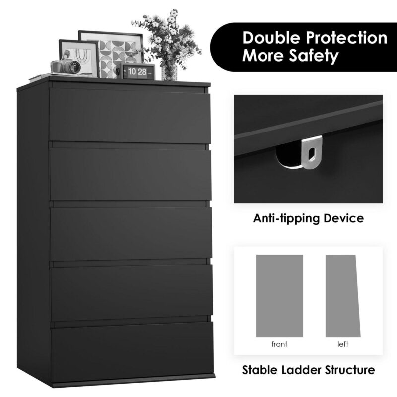 Homfa 5 Drawer Tall Dresser, Modern Storage Cabinet Wood Bedroom Nightstand for Living Room, Black - Image 7