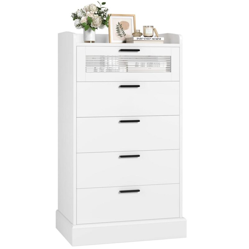 Homfa 5 Drawer White Vertical Dresser for Bedroom, Contemporary Glass Panel Wood Storage Cabinet with Gold Metal for Living Room Entryway - Image 5
