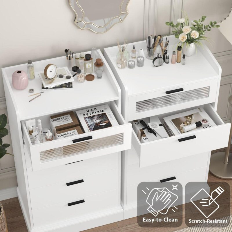 Homfa 5 Drawer White Vertical Dresser for Bedroom, Contemporary Glass Panel Wood Storage Cabinet with Gold Metal for Living Room Entryway - Image 2