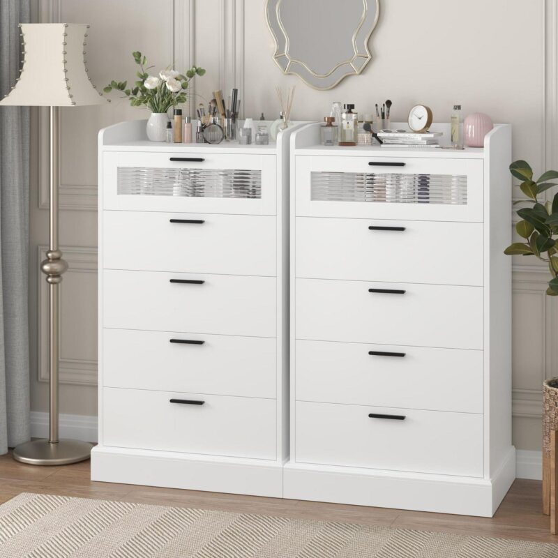 Homfa 5 Drawer White Vertical Dresser for Bedroom, Contemporary Glass Panel Wood Storage Cabinet with Gold Metal for Living Room Entryway - Image 7