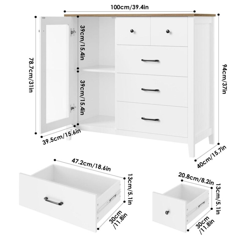 Homfa 5 Drawer White Bedroom Dresser with Glass Door, Modern Storage Cabinet Wood Gentleman's Chest for Living Room - Image 5