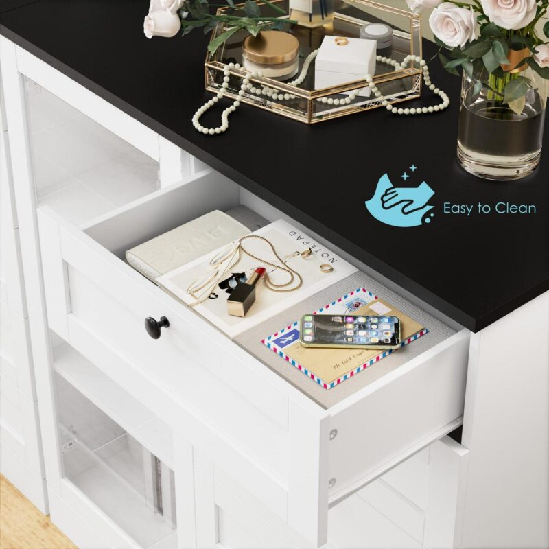 Homfa 5 Drawer White Dresser with Glass Door, Modern Wood Chest of Drawers for Bedroom Living Room Hallway - Image 7