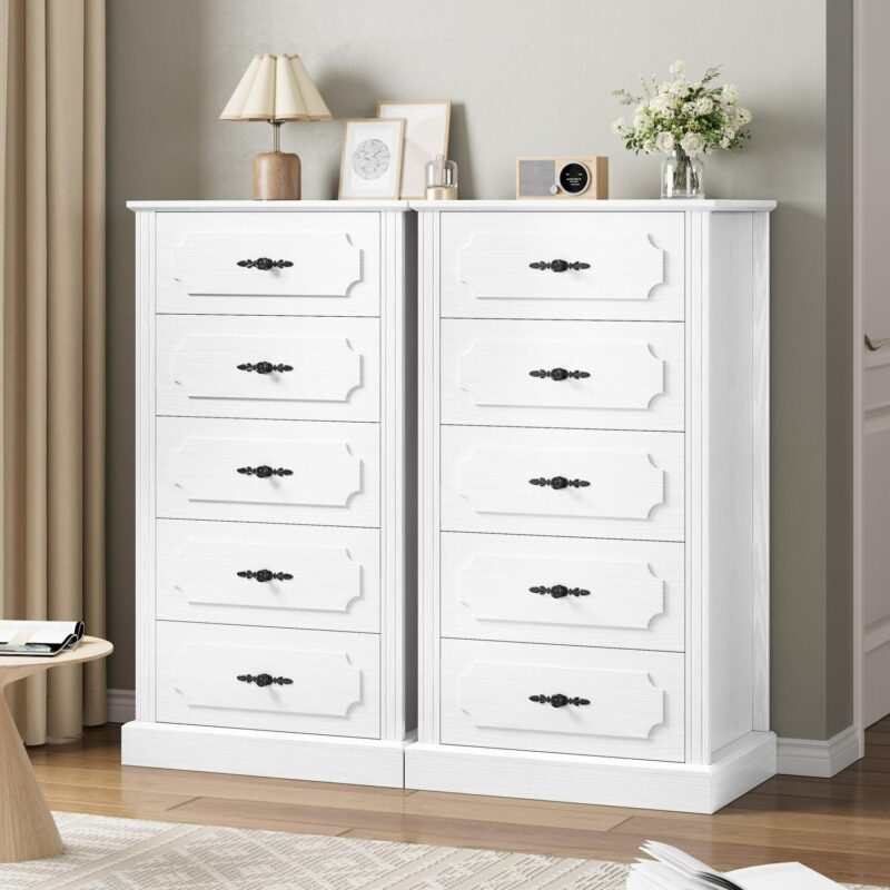 Homfa 5 Drawer White Vertical Dresser for Bedroom, 43''H Contemporary Wood Storage Cabinet for Living Room Small Spaces - Image 5
