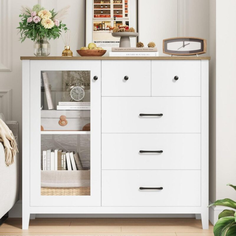 Homfa 5 Drawer White Bedroom Dresser with Glass Door, Modern Storage Cabinet Wood Gentleman's Chest for Living Room