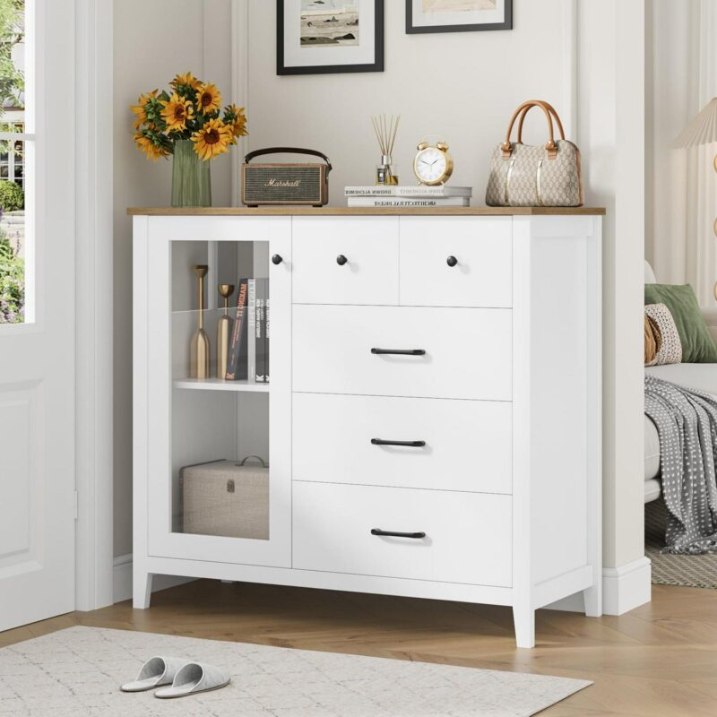 Homfa 5 Drawer White Bedroom Dresser with Glass Door, Modern Storage Cabinet Wood Gentleman's Chest for Living Room - Image 2