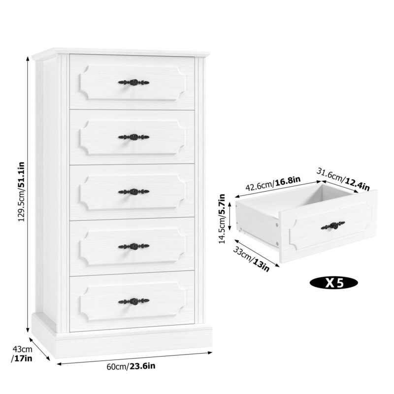 Homfa 5 Drawer White Vertical Dresser for Bedroom, 43''H Contemporary Wood Storage Cabinet for Living Room Small Spaces - Image 3
