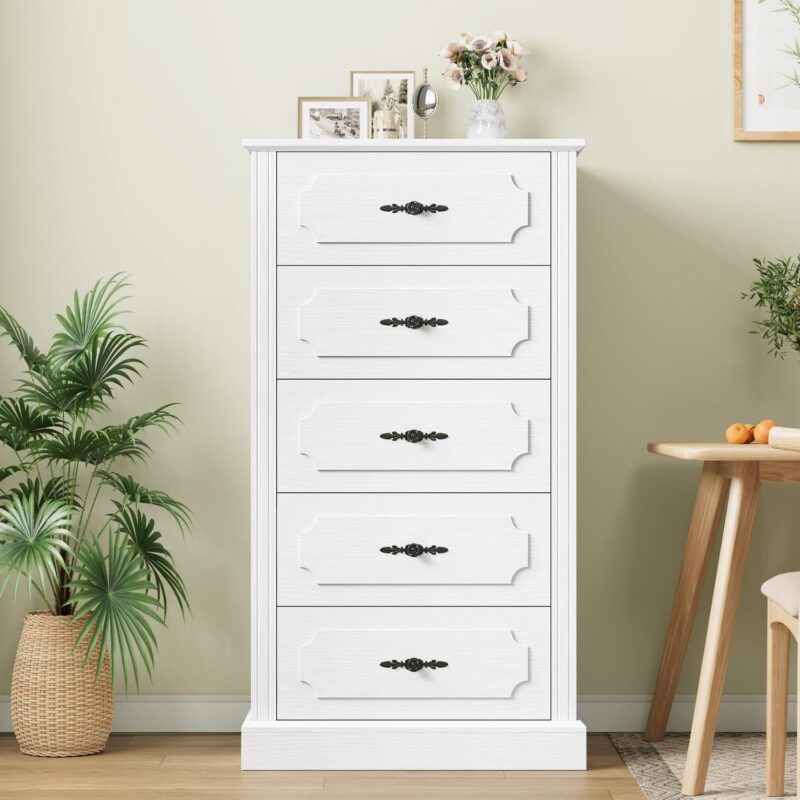 Homfa 5 Drawer White Vertical Dresser for Bedroom, 43''H Contemporary Wood Storage Cabinet for Living Room Small Spaces - Image 4