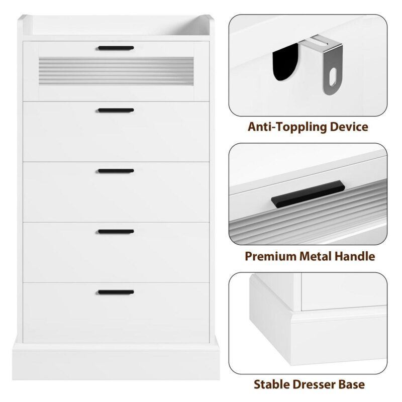 Homfa 5 Drawer White Vertical Dresser for Bedroom, Contemporary Glass Panel Wood Storage Cabinet with Gold Metal for Living Room Entryway - Image 6