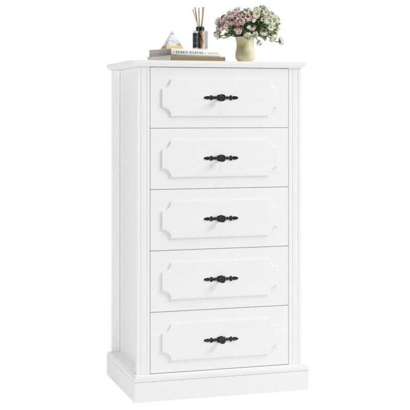 Homfa 5 Drawer White Vertical Dresser for Bedroom, 43''H Contemporary Wood Storage Cabinet for Living Room Small Spaces