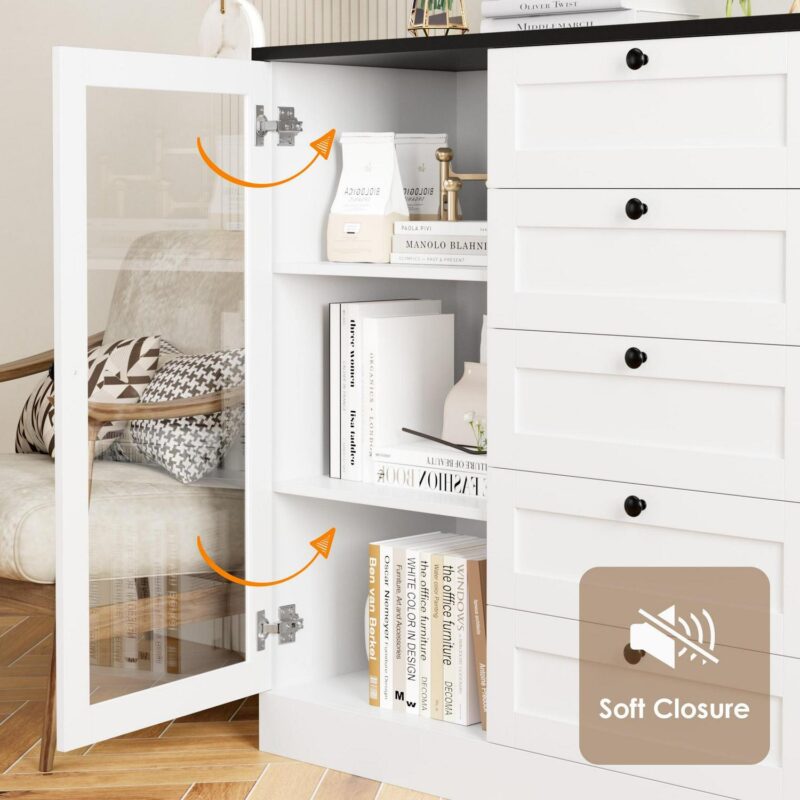 Homfa 5 Drawer White Dresser with Glass Door, Modern Wood Chest of Drawers for Bedroom Living Room Hallway - Image 5