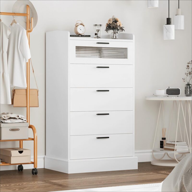 Homfa 5 Drawer White Vertical Dresser for Bedroom, Contemporary Glass Panel Wood Storage Cabinet with Gold Metal for Living Room Entryway - Image 4