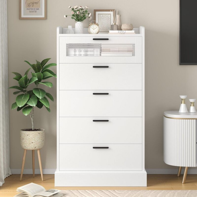 Homfa 5 Drawer White Vertical Dresser for Bedroom, Contemporary Glass Panel Wood Storage Cabinet with Gold Metal for Living Room Entryway