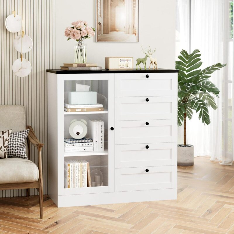Homfa 5 Drawer White Dresser with Glass Door, Modern Wood Chest of Drawers for Bedroom Living Room Hallway