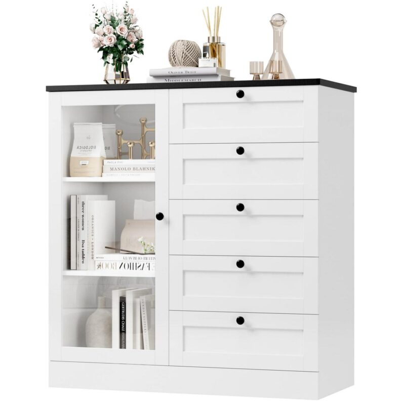 Homfa 5 Drawer White Dresser with Glass Door, Modern Wood Chest of Drawers for Bedroom Living Room Hallway - Image 6