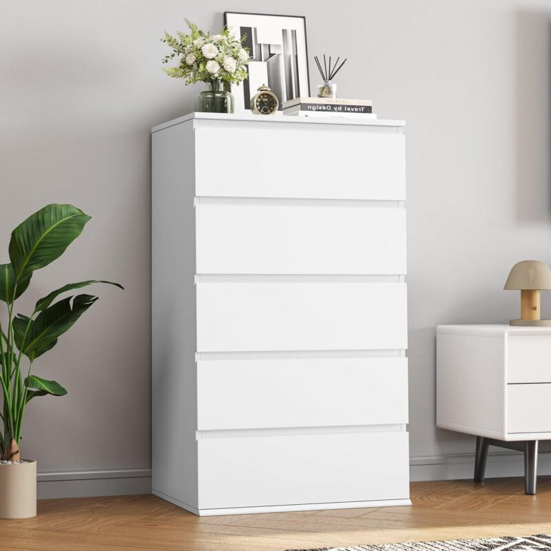 Homfa 5 Drawer White Dresser, Modern Storage Cabinet for Bedroom, White Chest of Drawers Wood Organizer for Living Room - Image 11