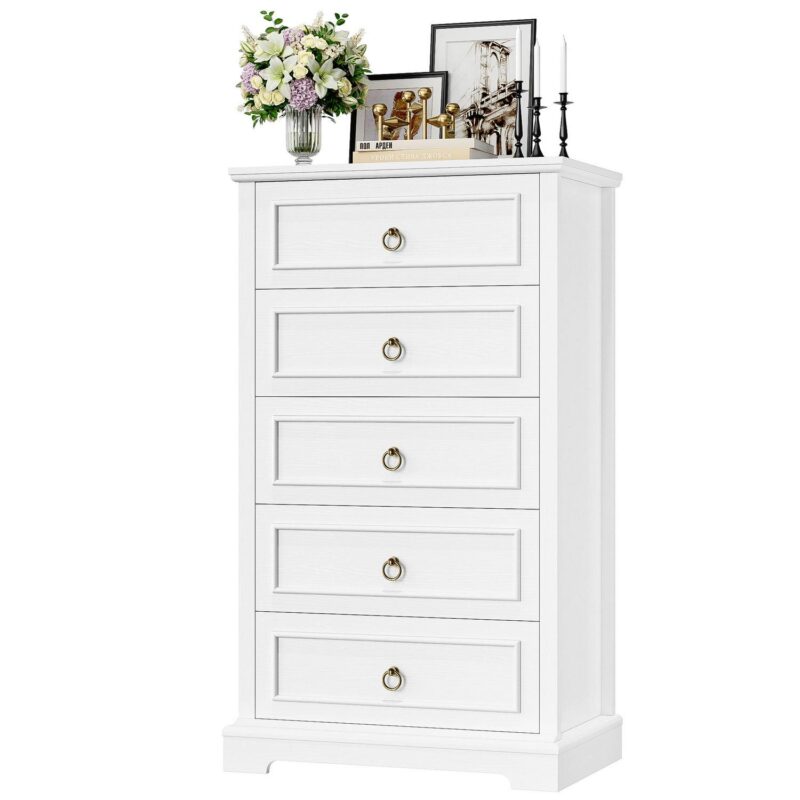 Homfa 5 Drawers Tall Dresser, Chest of Drawers Storage Bedroom Dresser Cabinet for Closet Living Room, White - Image 8