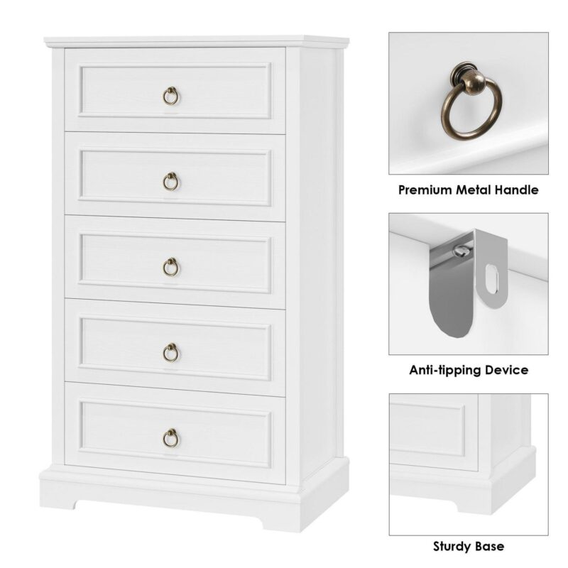 Homfa 5 Drawers Tall Dresser, Chest of Drawers Storage Bedroom Dresser Cabinet for Closet Living Room, White - Image 3