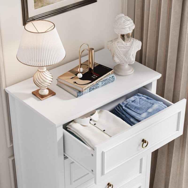 Homfa 5 Drawers Tall Dresser, Chest of Drawers Storage Bedroom Dresser Cabinet for Closet Living Room, White - Image 4