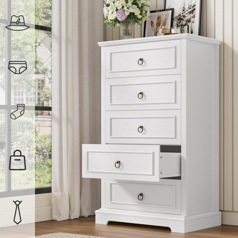 Homfa 5 Drawers Tall Dresser, Chest of Drawers Storage Bedroom Dresser Cabinet for Closet Living Room, White - Image 6
